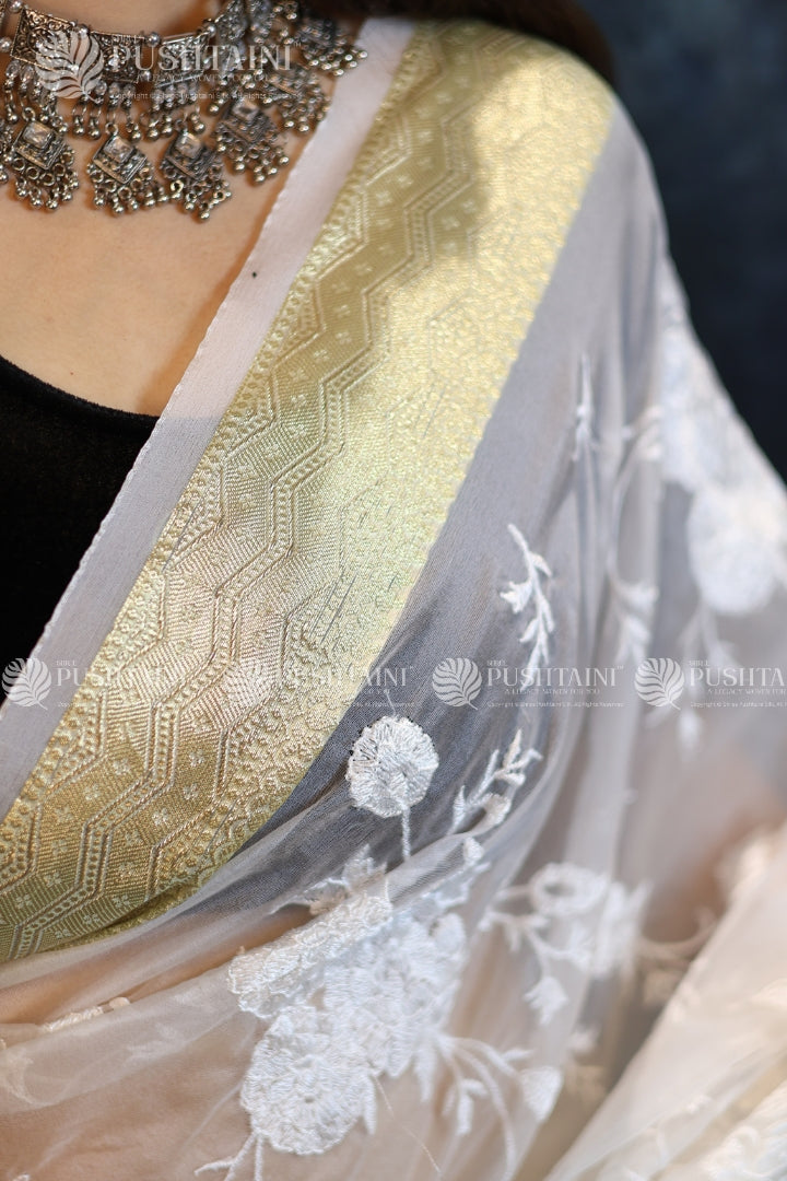 White Colour Embroidery Fancy Saree