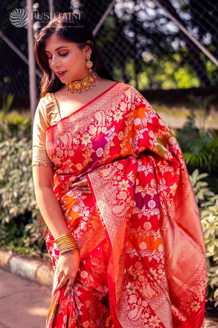 Smashing Red Rangkat Pure Katan Silk Saree - Shree Pushtaini Silk