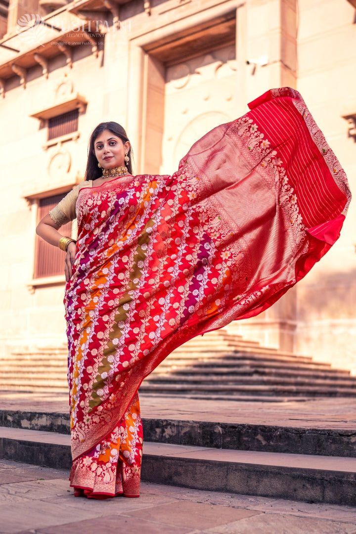 Smashing Red Rangkat Pure Katan Silk Saree - Shree Pushtaini Silk