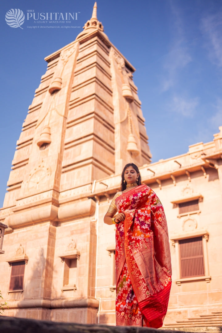 Smashing Red Rangkat Pure Katan Silk Saree - Shree Pushtaini Silk