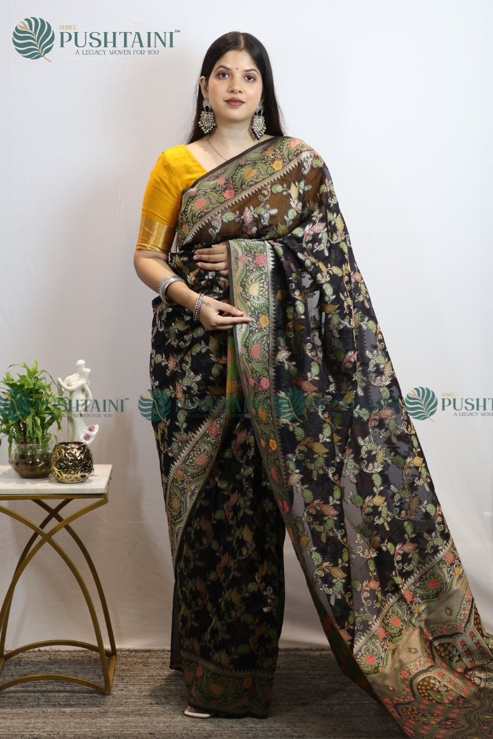 Black Banarasi Kora Silk Jaal Saree