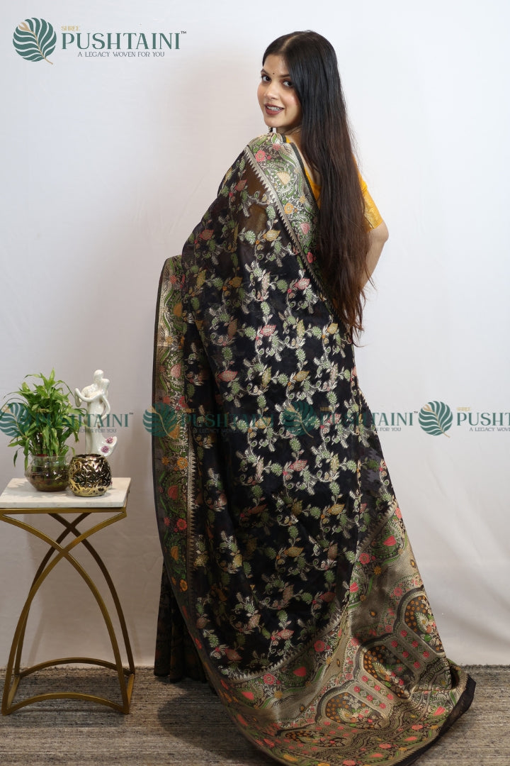 Black Banarasi Kora Silk Jaal Saree