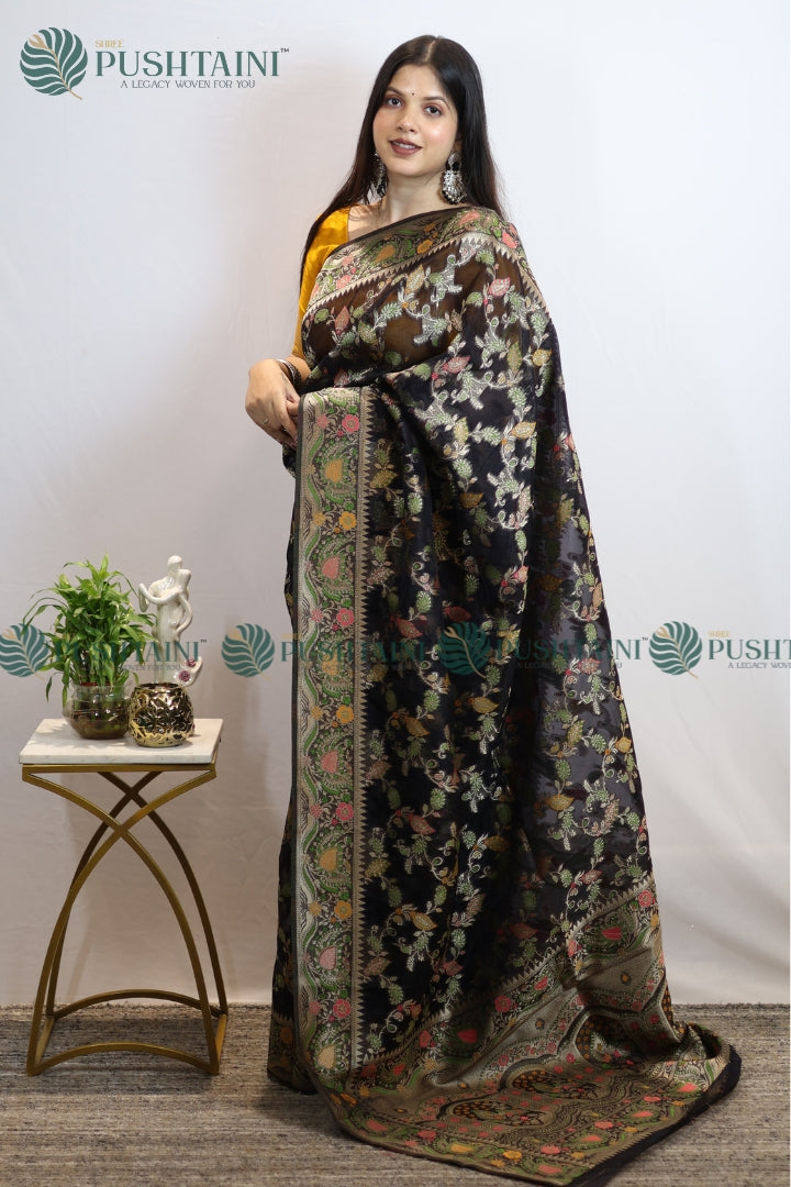 Black Banarasi Kora Silk Jaal Saree