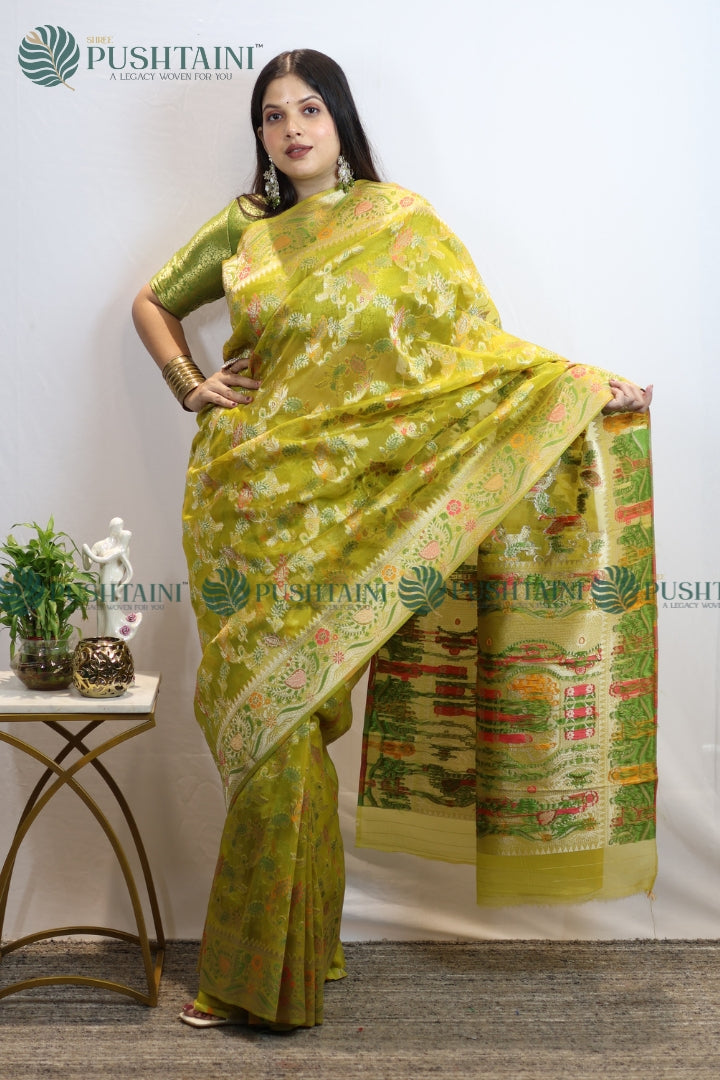 Mint Green Banarasi Kora Silk Jaal Saree