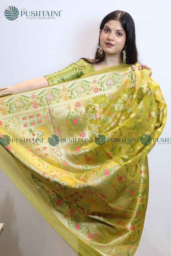 Mint Green Banarasi Kora Silk Jaal Saree