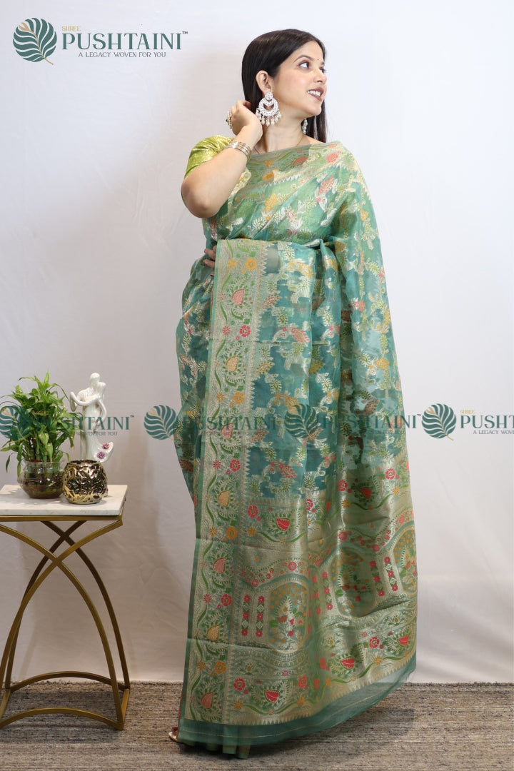 Sea Green Banarasi Kora Silk Jaal Saree