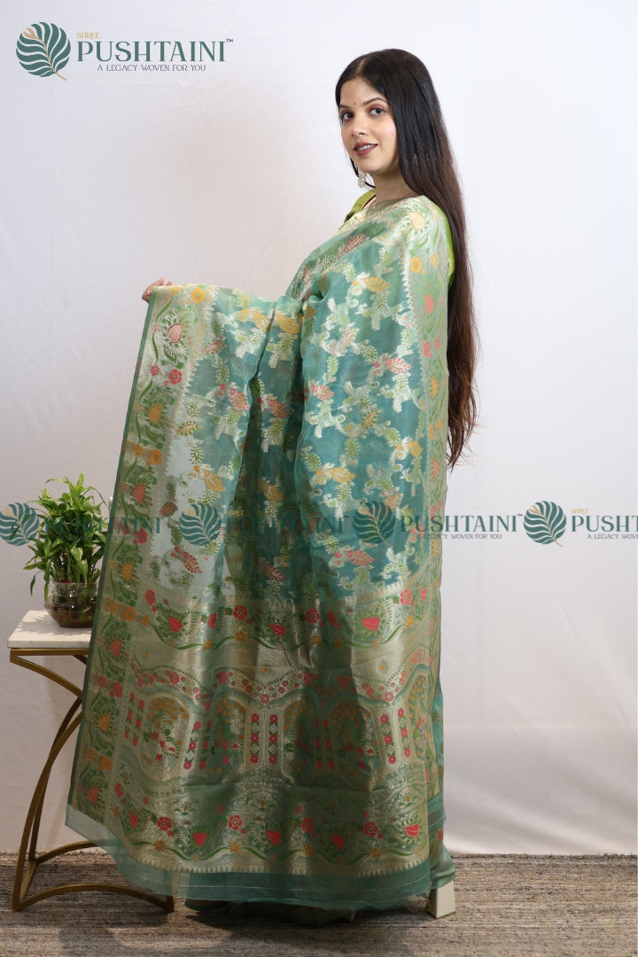 Sea Green Banarasi Kora Silk Jaal Saree