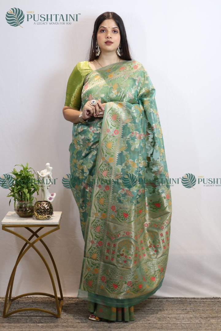 Sea Green Banarasi Kora Silk Jaal Saree