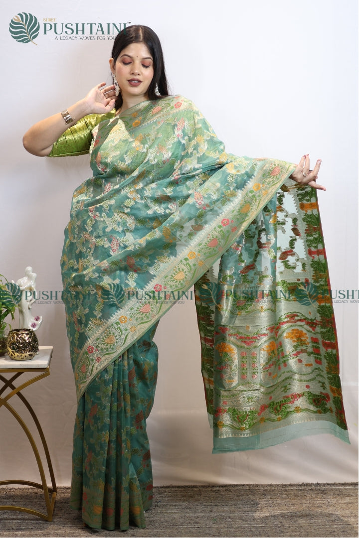 Sea Green Banarasi Kora Silk Jaal Saree