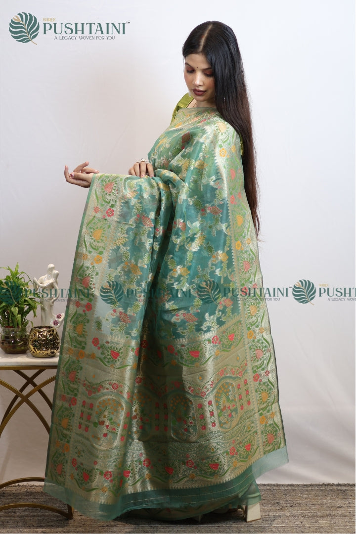 Sea Green Banarasi Kora Silk Jaal Saree
