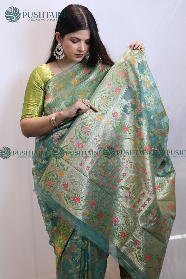 Sea Green Banarasi Kora Silk Jaal Saree