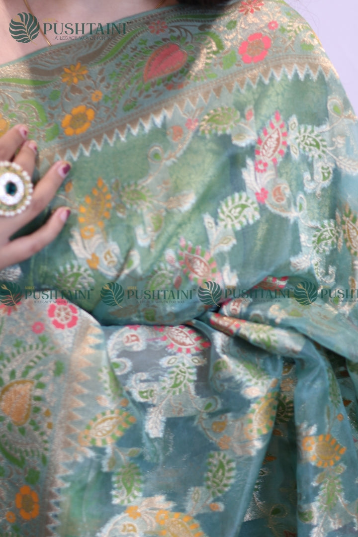 Sea Green Banarasi Kora Silk Jaal Saree