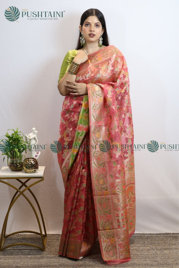 Rose Red Banarasi Kora Silk Jaal Saree