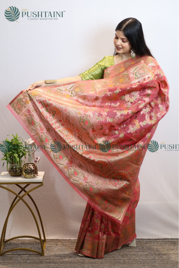 Rose Red Banarasi Kora Silk Jaal Saree