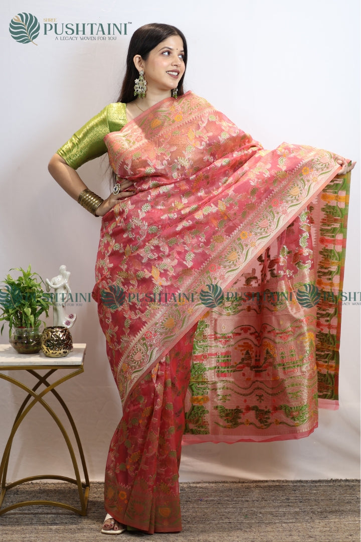 Rose Red Banarasi Kora Silk Jaal Saree