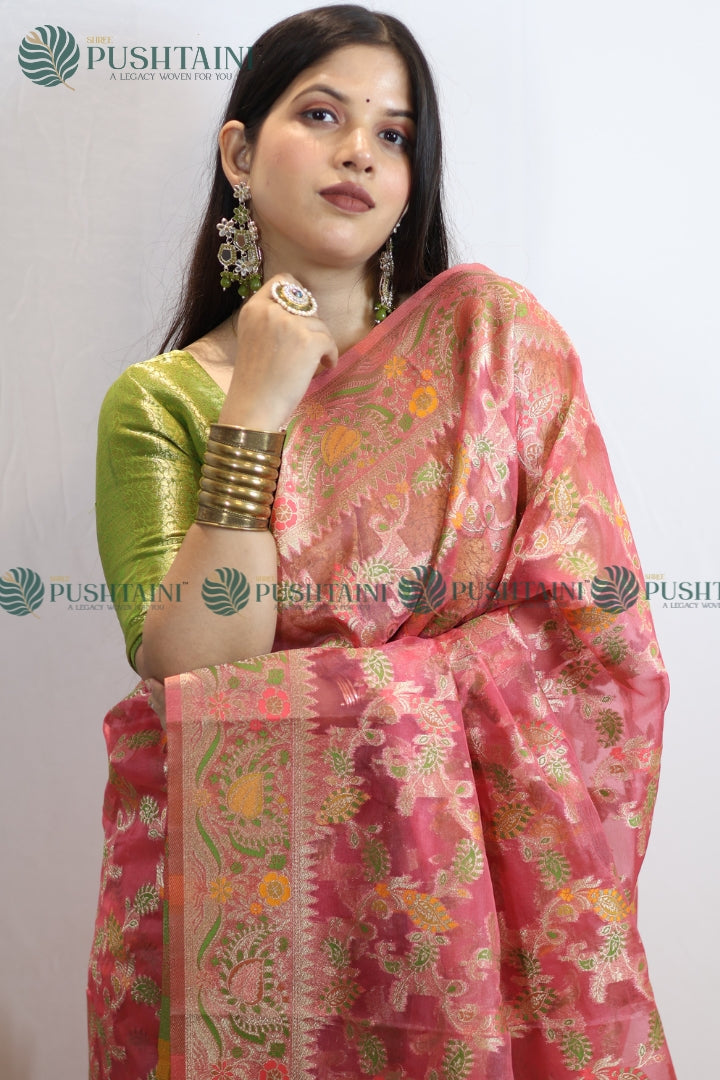 Rose Red Banarasi Kora Silk Jaal Saree