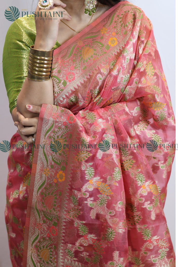 Rose Red Banarasi Kora Silk Jaal Saree
