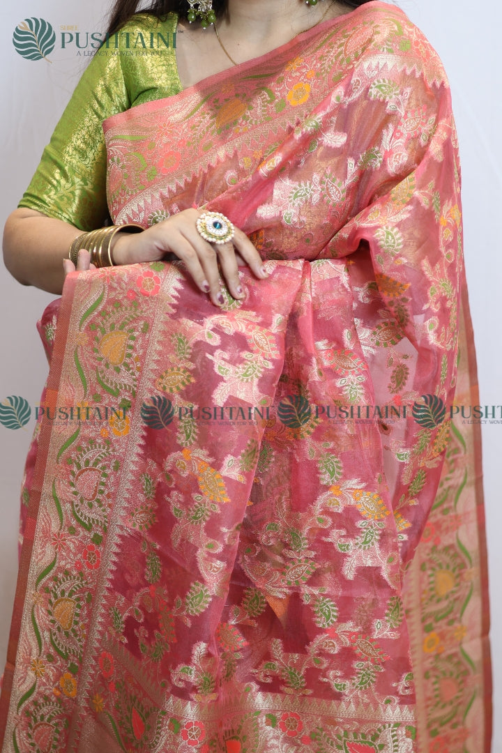 Rose Red Banarasi Kora Silk Jaal Saree