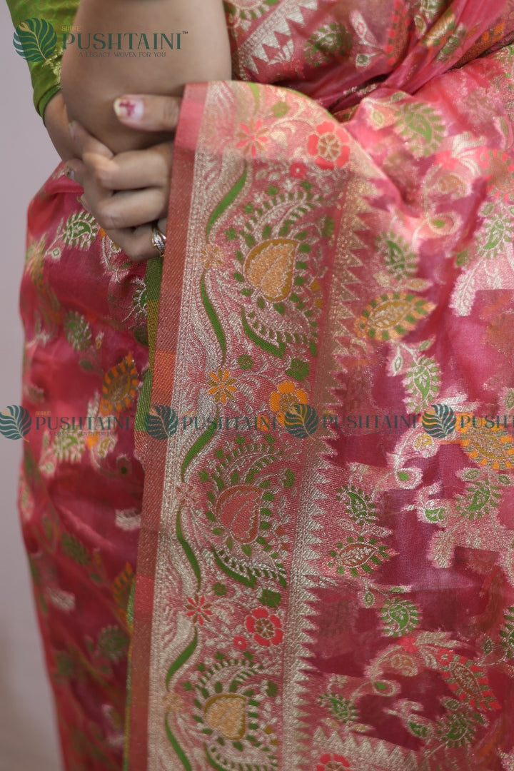 Rose Red Banarasi Kora Silk Jaal Saree