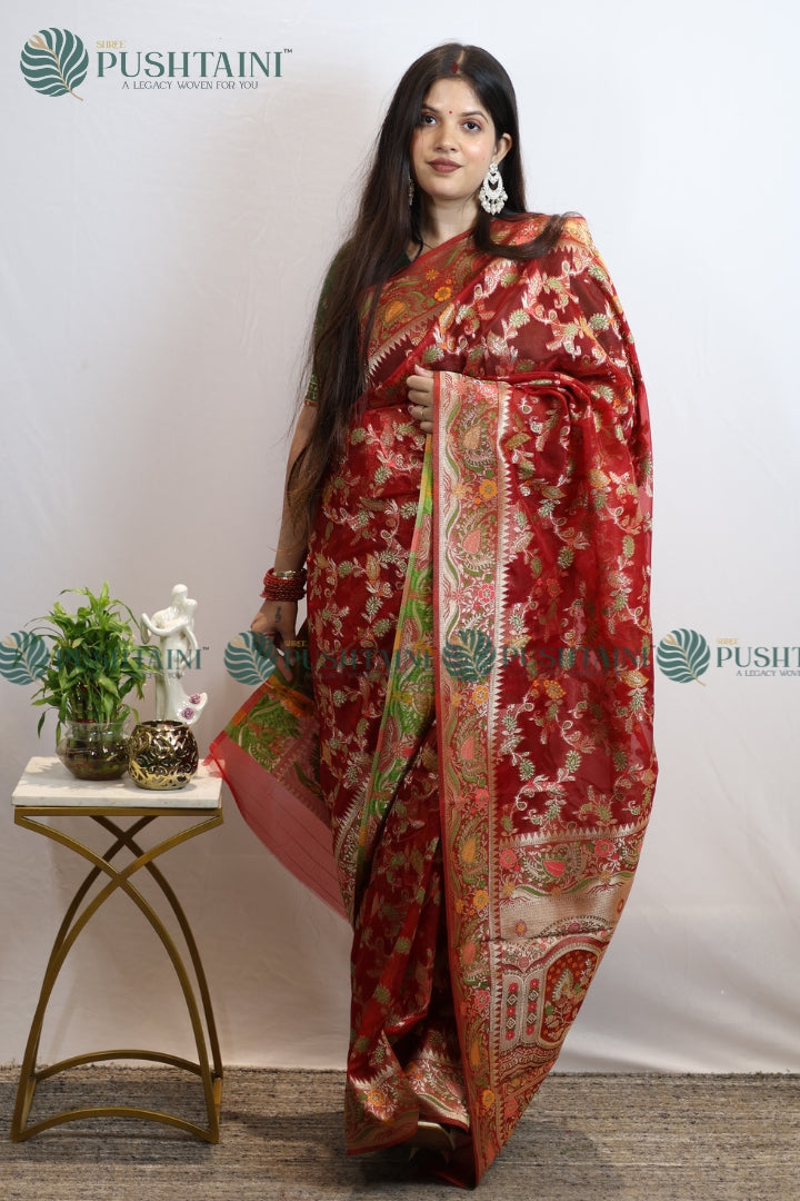 Red Banarasi Kora Silk Jaal Saree