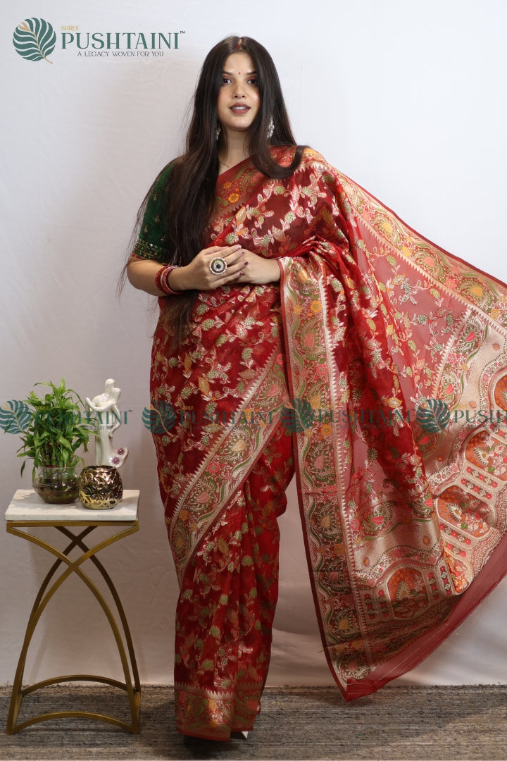 Red Banarasi Kora Silk Jaal Saree