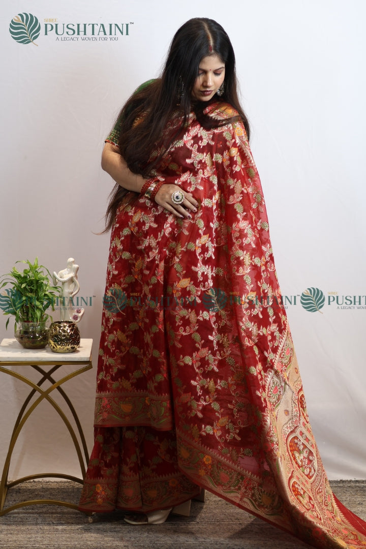 Red Banarasi Kora Silk Jaal Saree