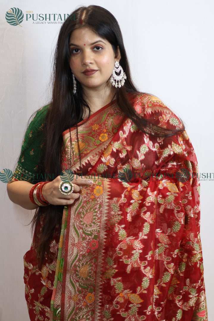 Red Banarasi Kora Silk Jaal Saree