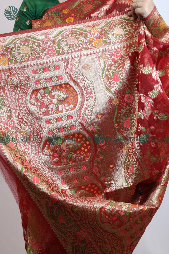 Red Banarasi Kora Silk Jaal Saree