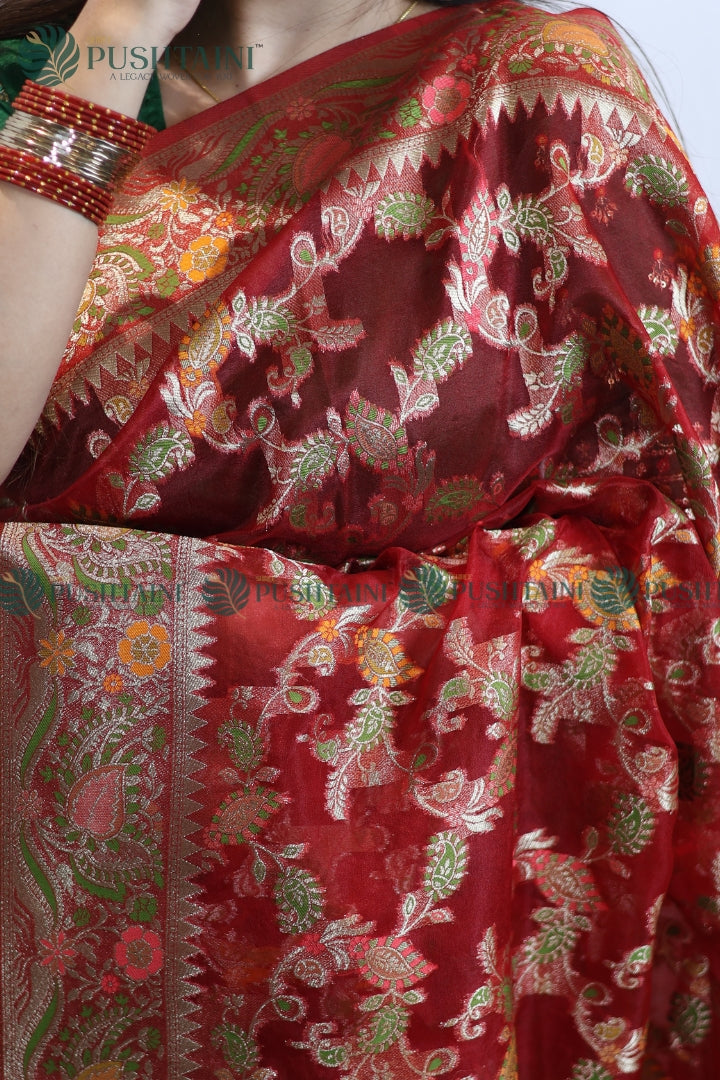 Red Banarasi Kora Silk Jaal Saree
