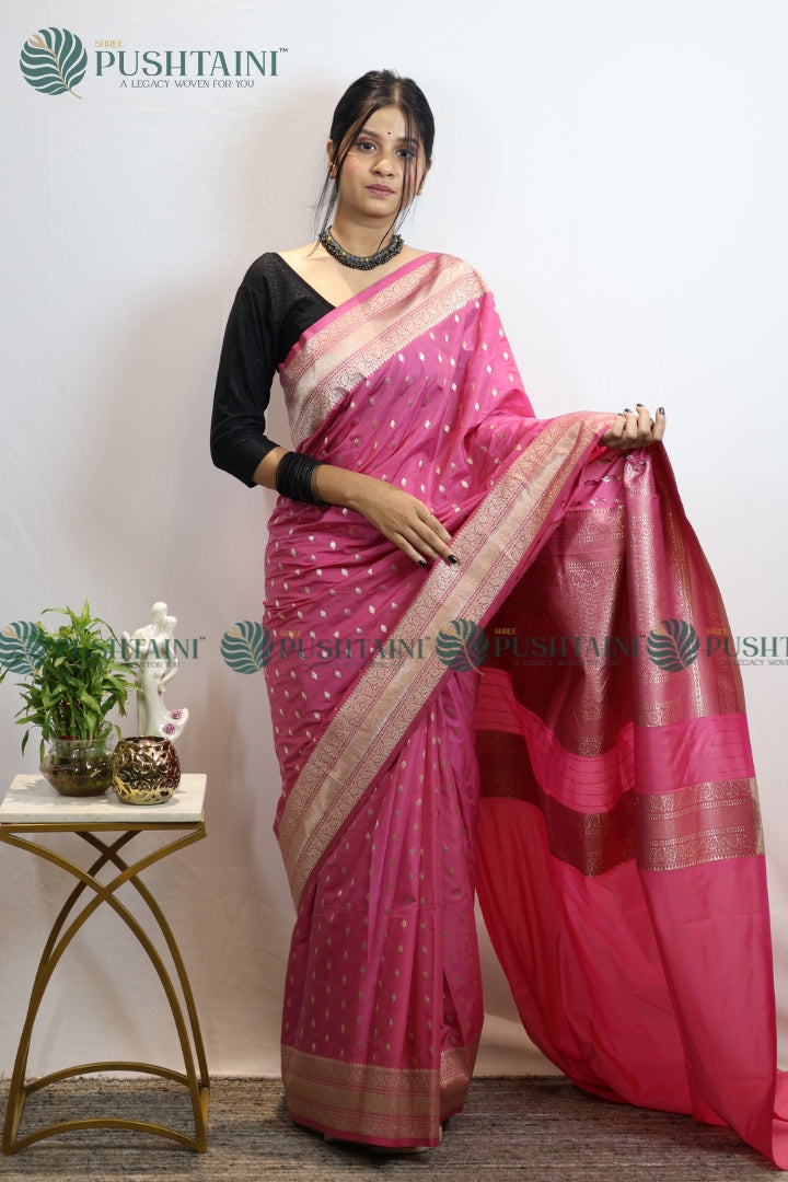 Pink Mashru Silk Booti Work Banarasi Saree