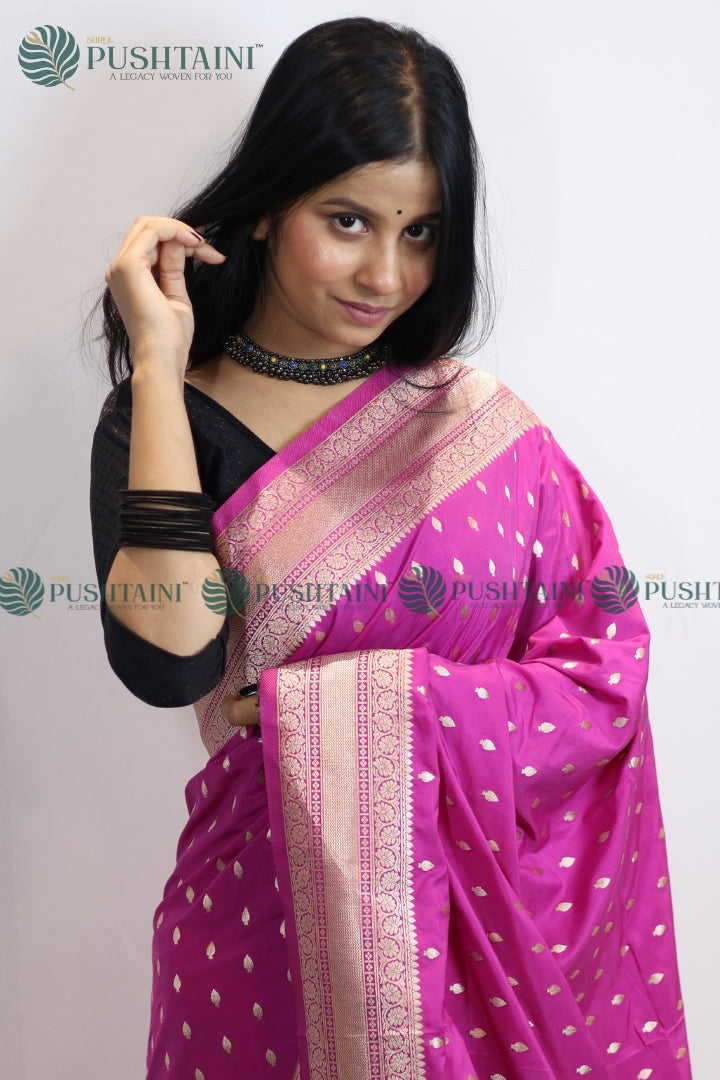 Rani Pink Mashru Silk Booti Work Banarasi Saree
