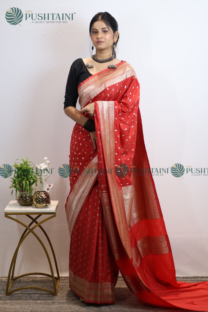 Red Mashru Silk Booti Work Banarasi Saree
