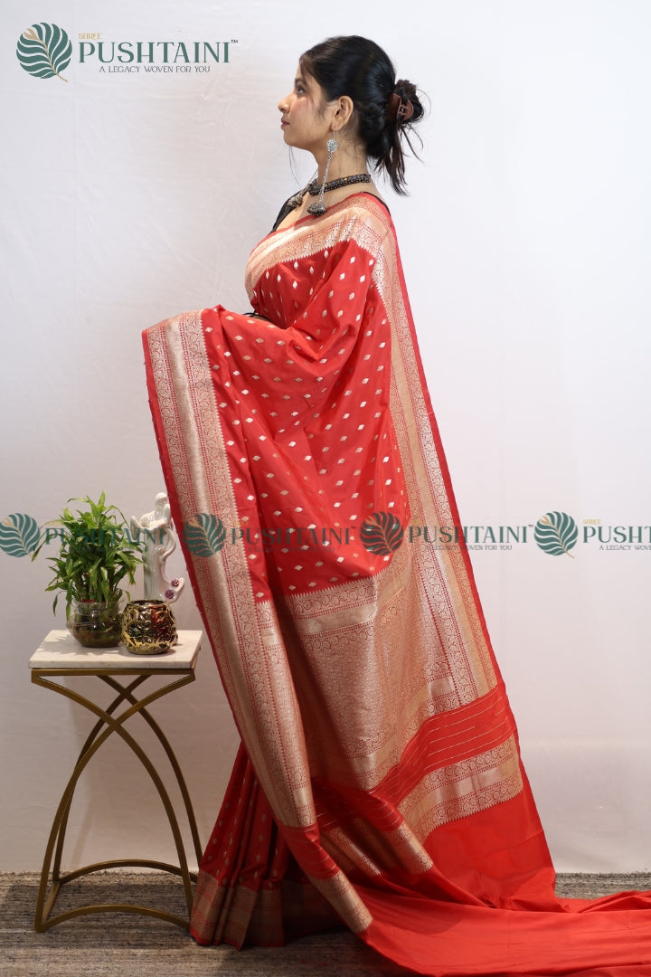 Red Mashru Silk Booti Work Banarasi Saree