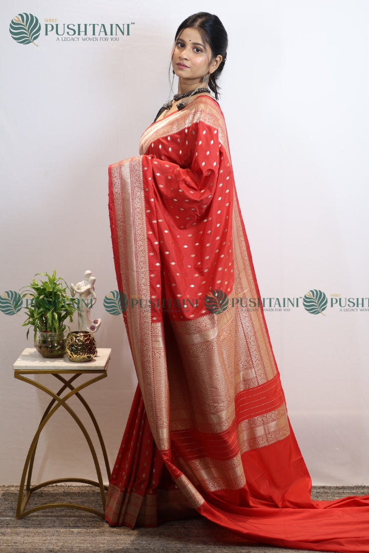 Red Mashru Silk Booti Work Banarasi Saree