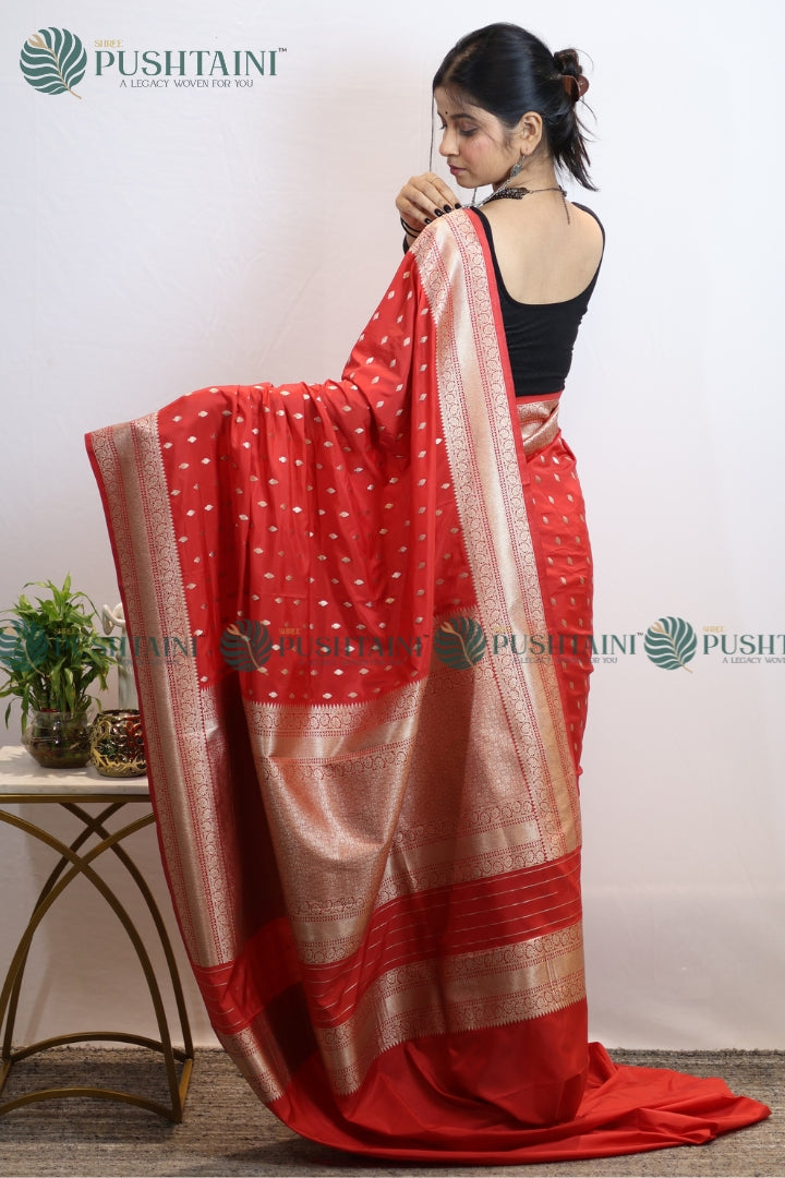 Red Mashru Silk Booti Work Banarasi Saree