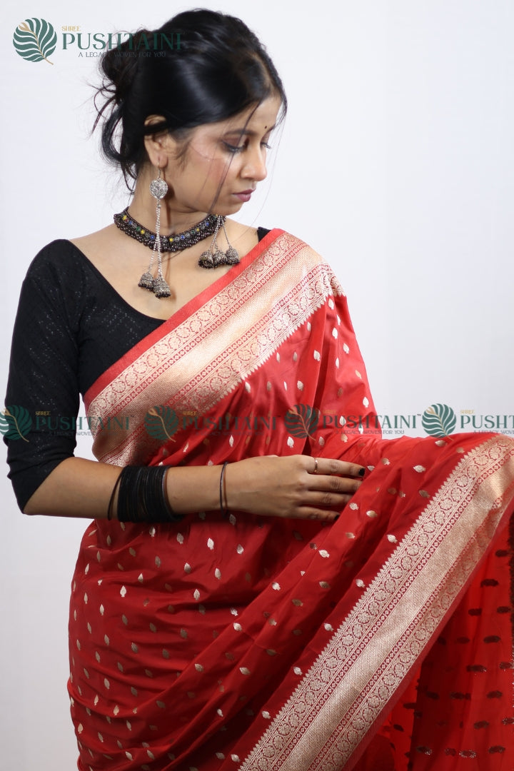 Red Mashru Silk Booti Work Banarasi Saree