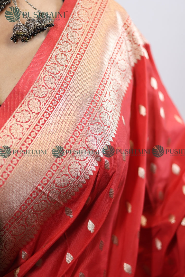 Red Mashru Silk Booti Work Banarasi Saree