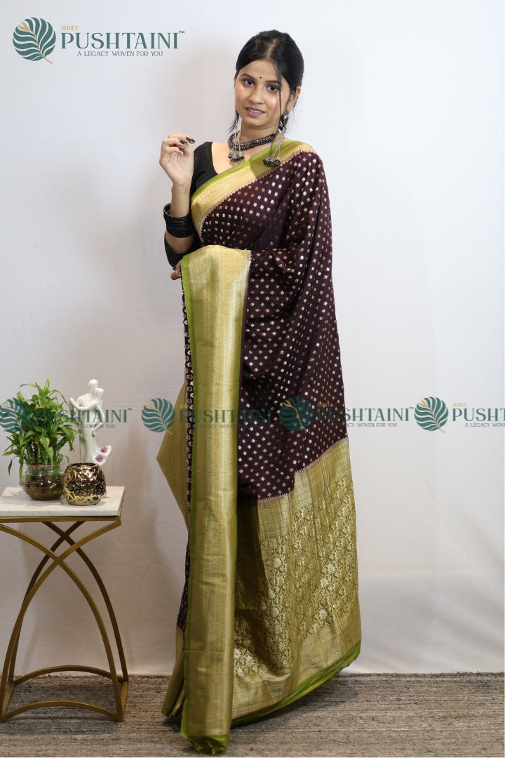 Wine Colour Banarasi Crepe Georgette Zari Booti Saree