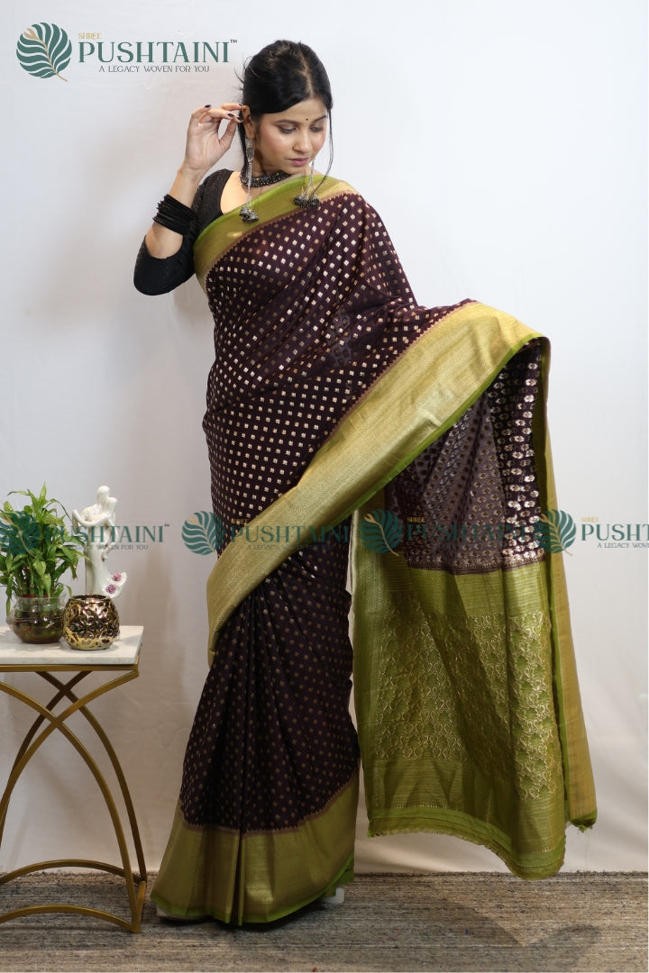Wine Colour Banarasi Crepe Georgette Zari Booti Saree