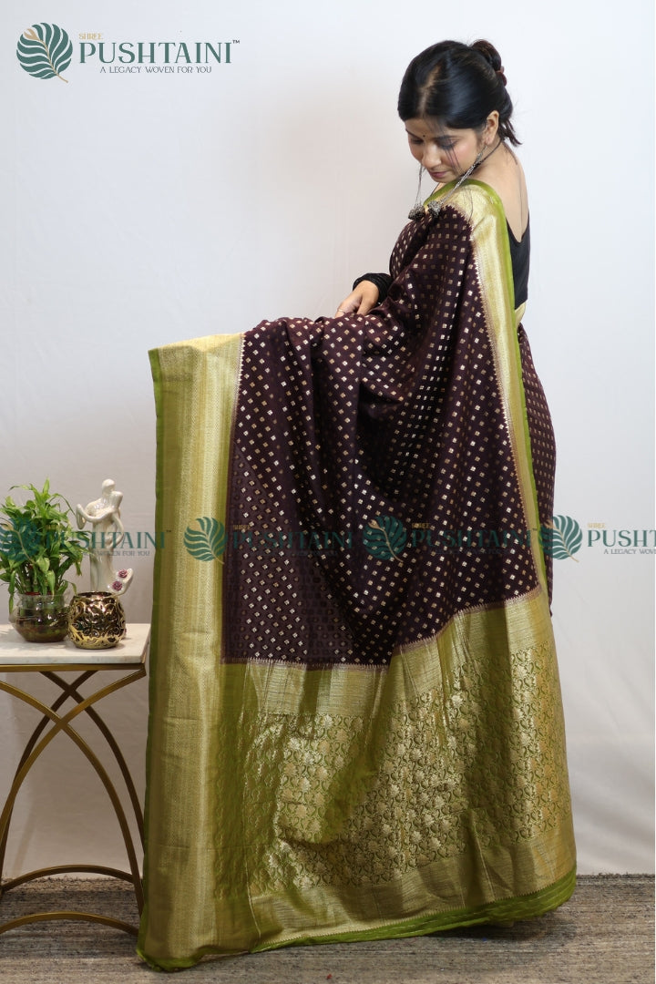 Wine Colour Banarasi Crepe Georgette Zari Booti Saree