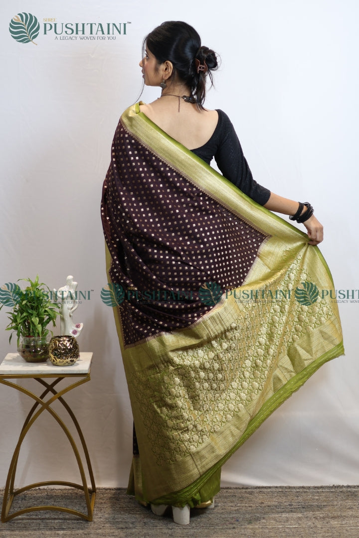 Wine Colour Banarasi Crepe Georgette Zari Booti Saree