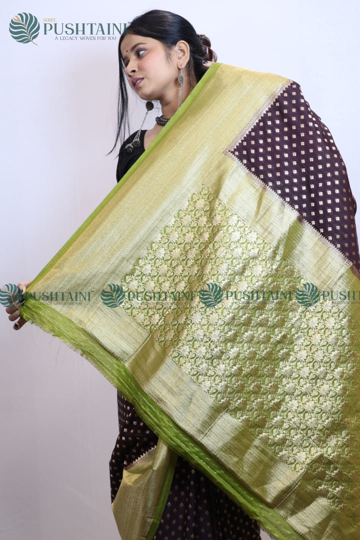 Wine Colour Banarasi Crepe Georgette Zari Booti Saree
