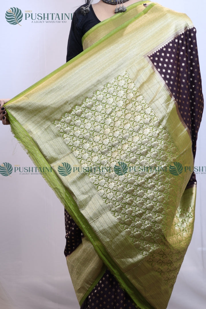 Wine Colour Banarasi Crepe Georgette Zari Booti Saree