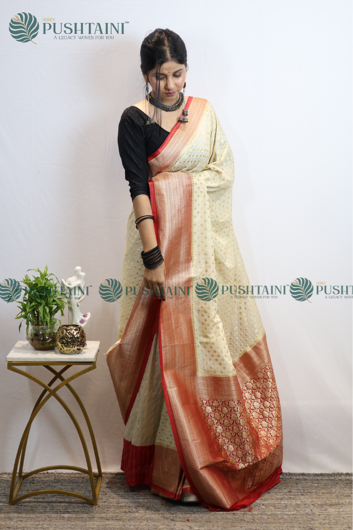 Cream Colour Banarasi Crepe Georgette Zari Booti Saree