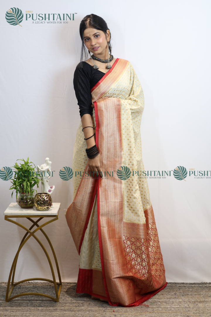 Cream Colour Banarasi Crepe Georgette Zari Booti Saree