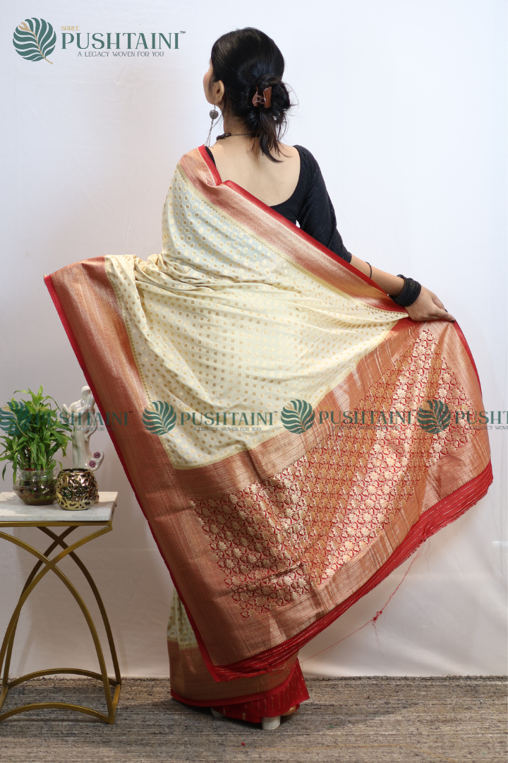Cream Colour Banarasi Crepe Georgette Zari Booti Saree