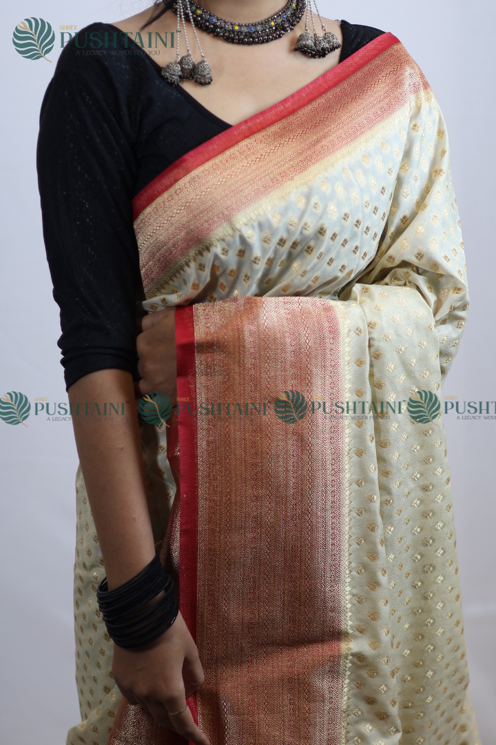 Cream Colour Banarasi Crepe Georgette Zari Booti Saree