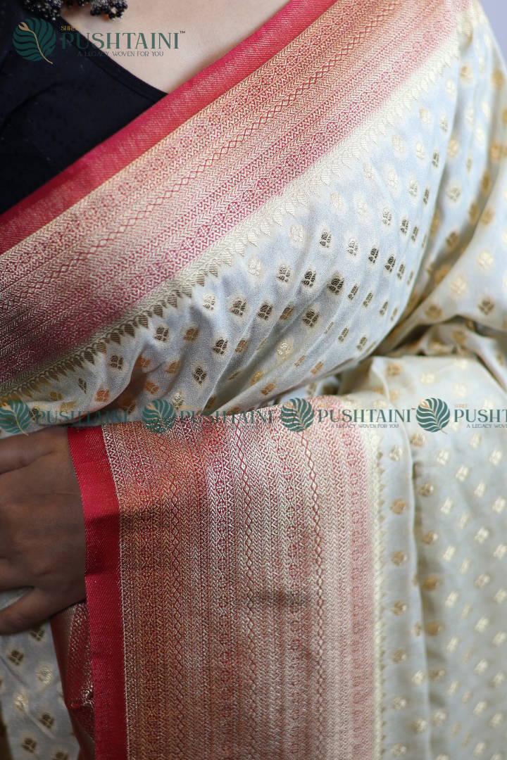 Cream Colour Banarasi Crepe Georgette Zari Booti Saree