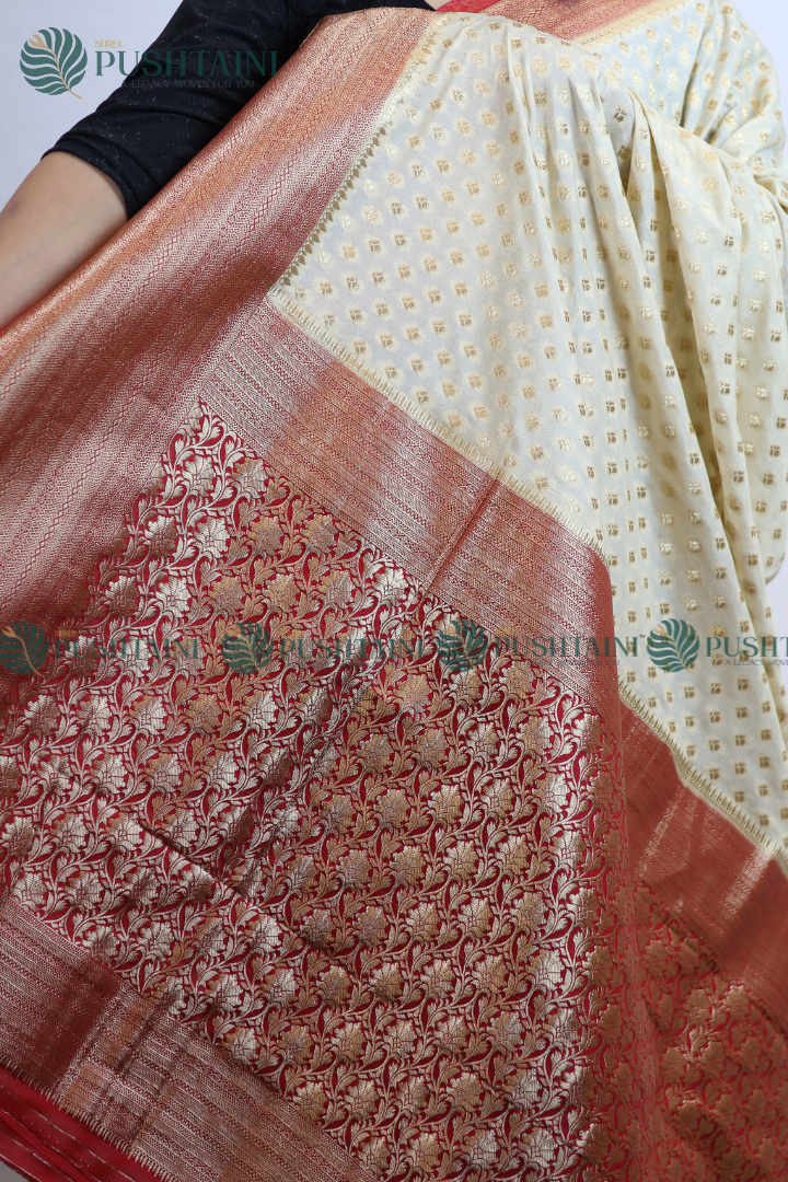 Cream Colour Banarasi Crepe Georgette Zari Booti Saree