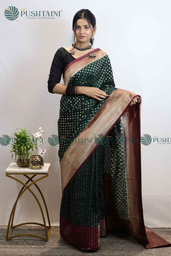 Bottel Green Colour Banarasi Crepe Georgette Zari Booti Saree